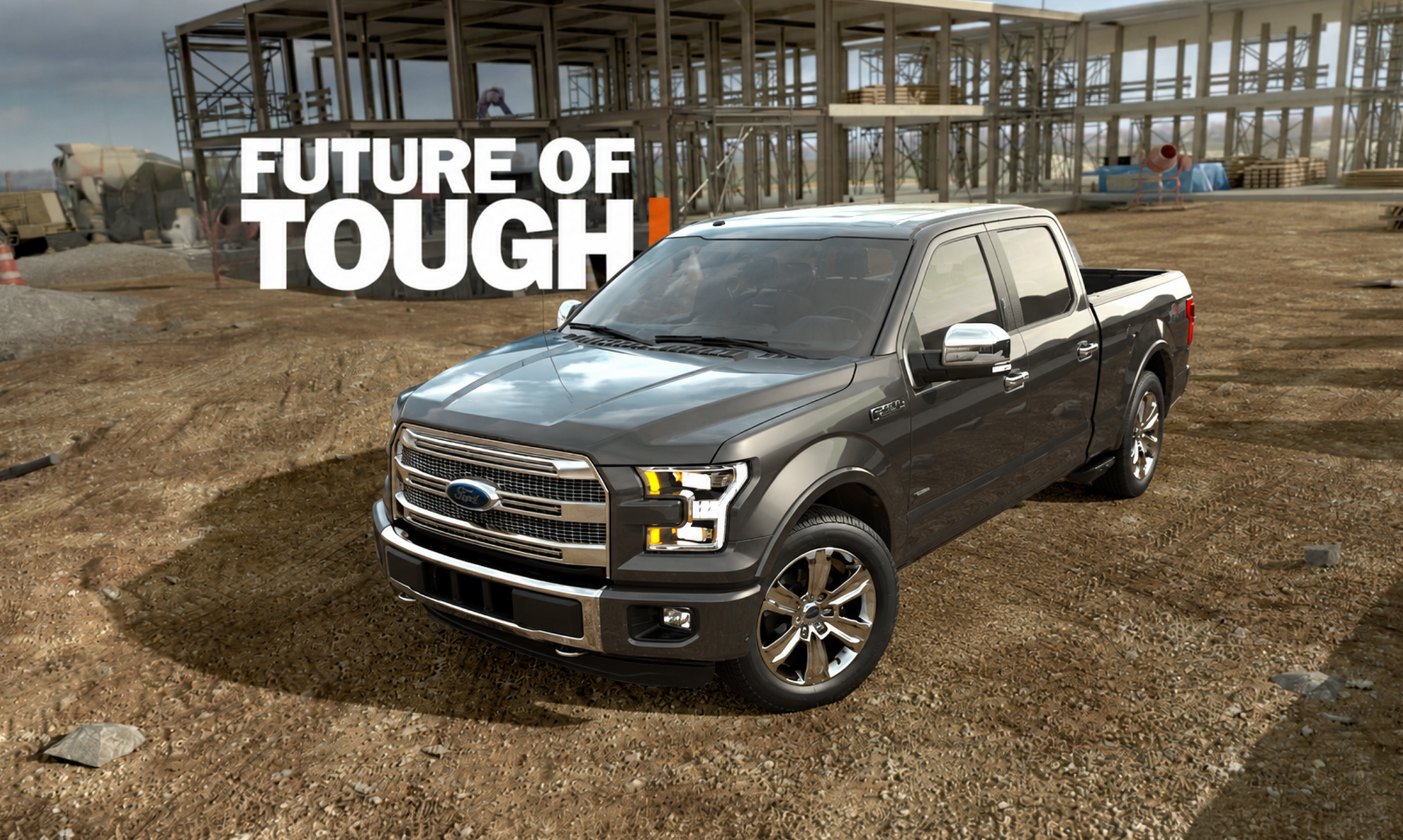 Ford F-150 at a construction site beneath the Future of Tough campaign line
