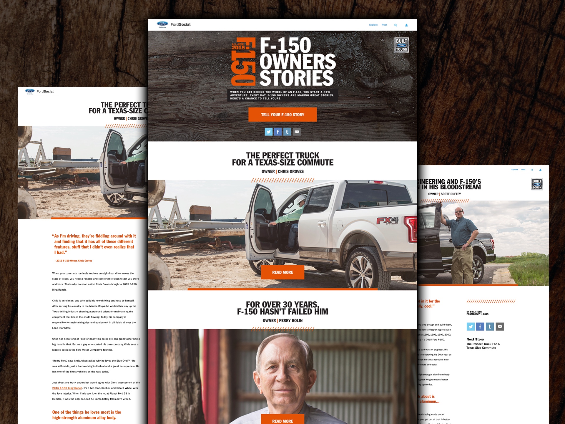 F-150 Owners Stories website shown across a landing page and individual editorial story layouts