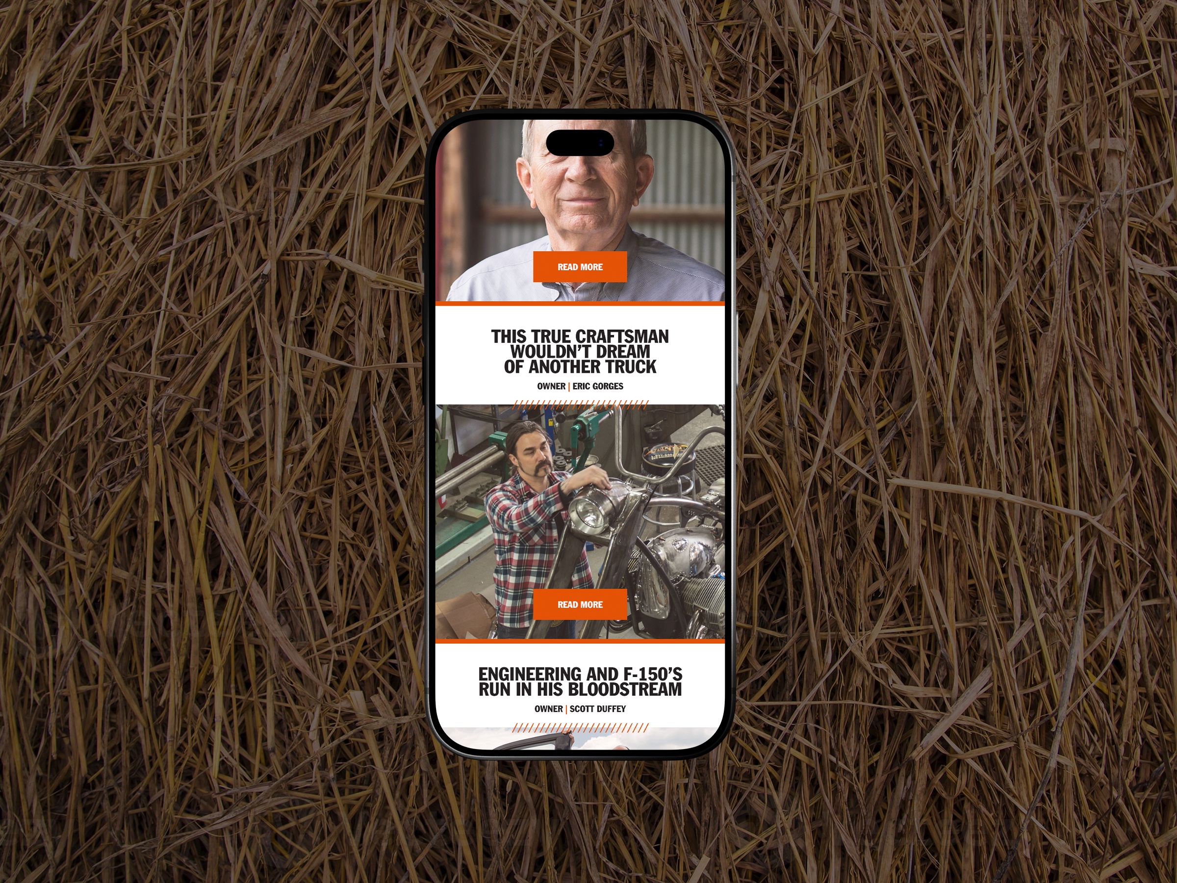 Mobile F-150 Owners Stories interface presenting owner profiles and photographs