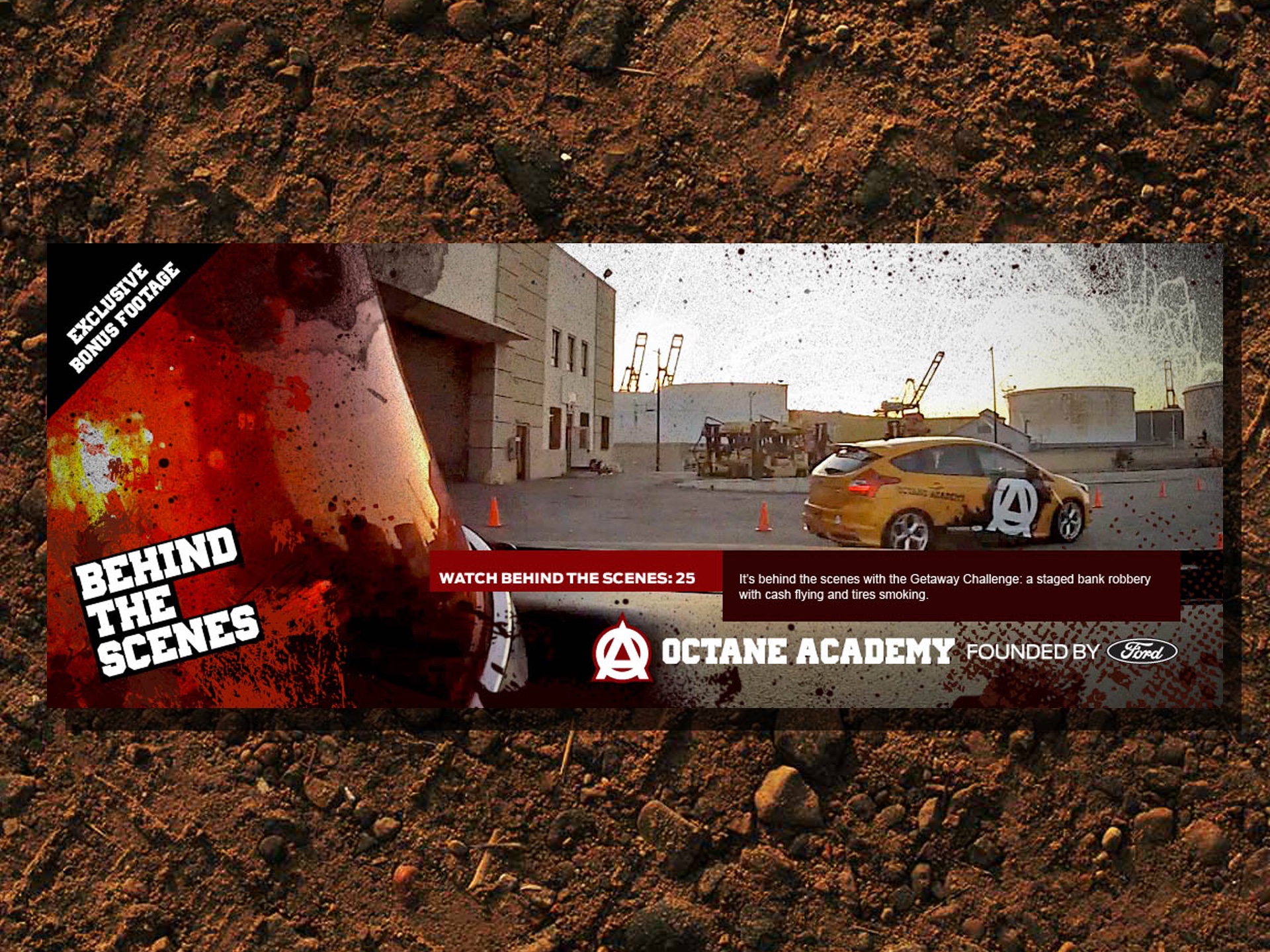 Octane Academy behind-the-scenes feature showing a branded rally car filming the Getaway Challenge