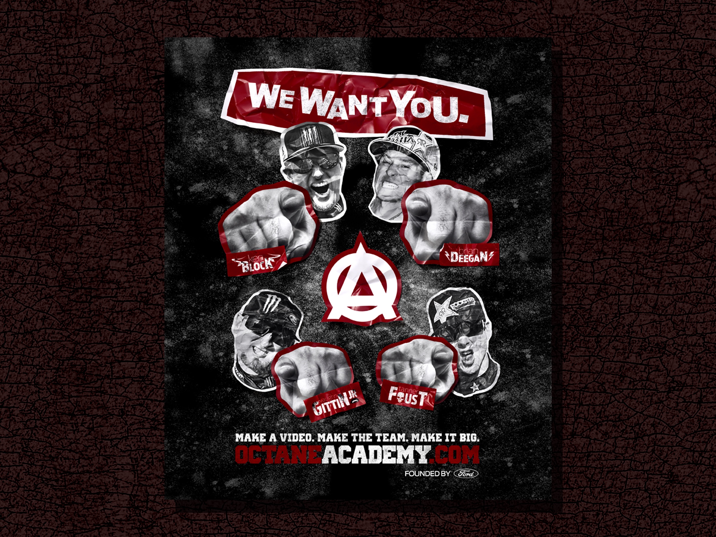 Octane Academy recruitment poster featuring Ken Block, Brian Deegan, Vaughn Gittin Jr., and Tanner Foust