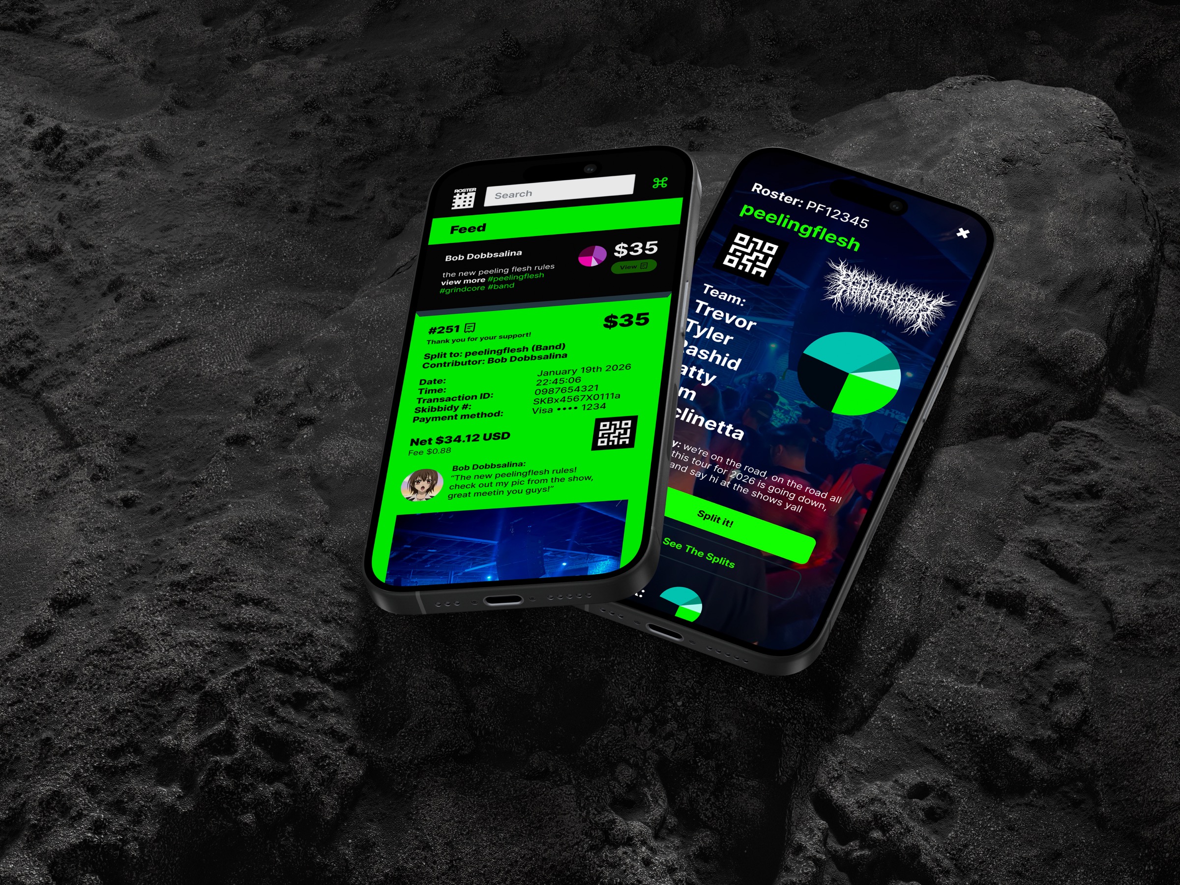 Two phones displaying Roster payment and team interfaces on a dark textured surface