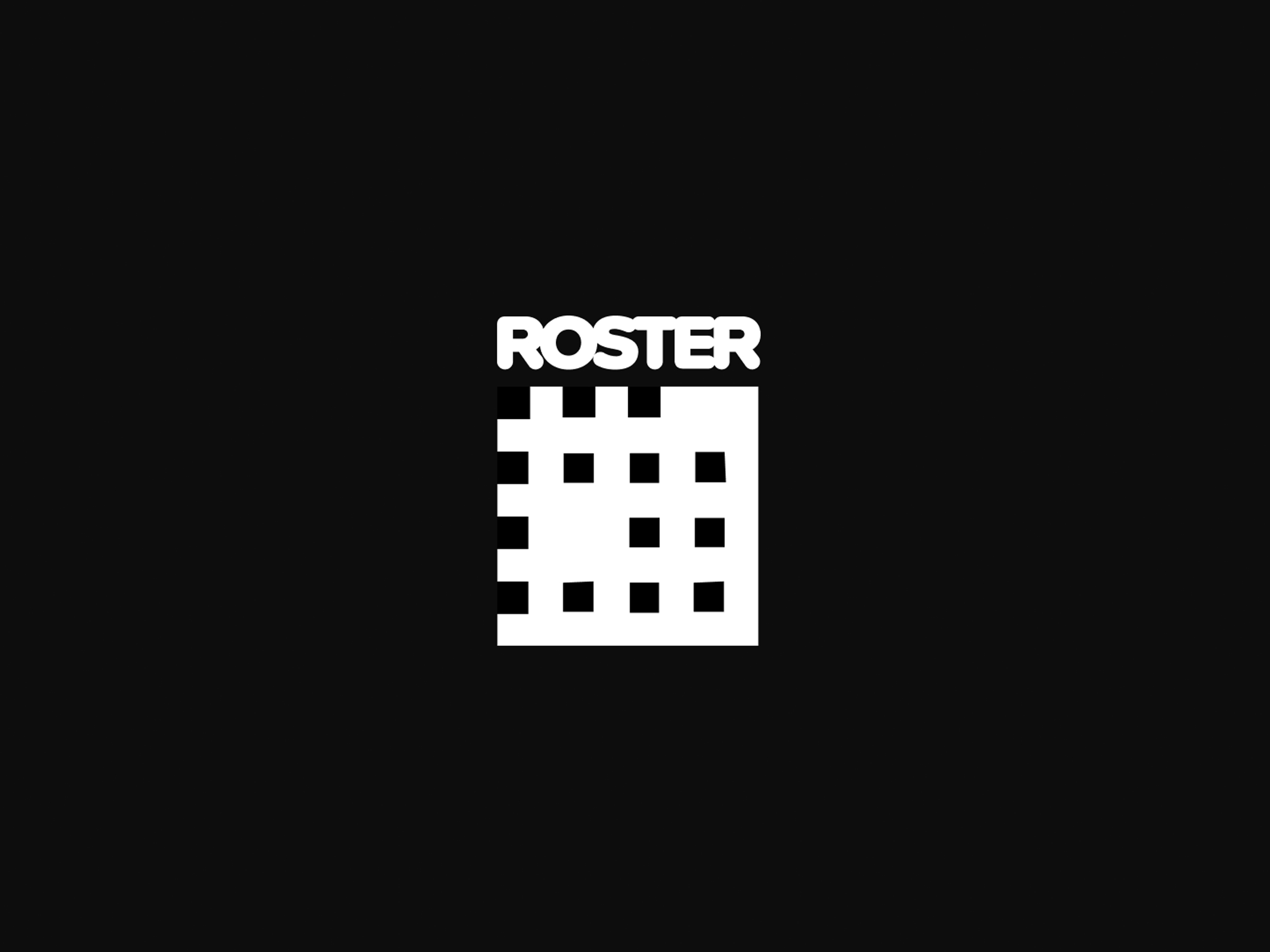 White Roster wordmark and grid symbol on a black background