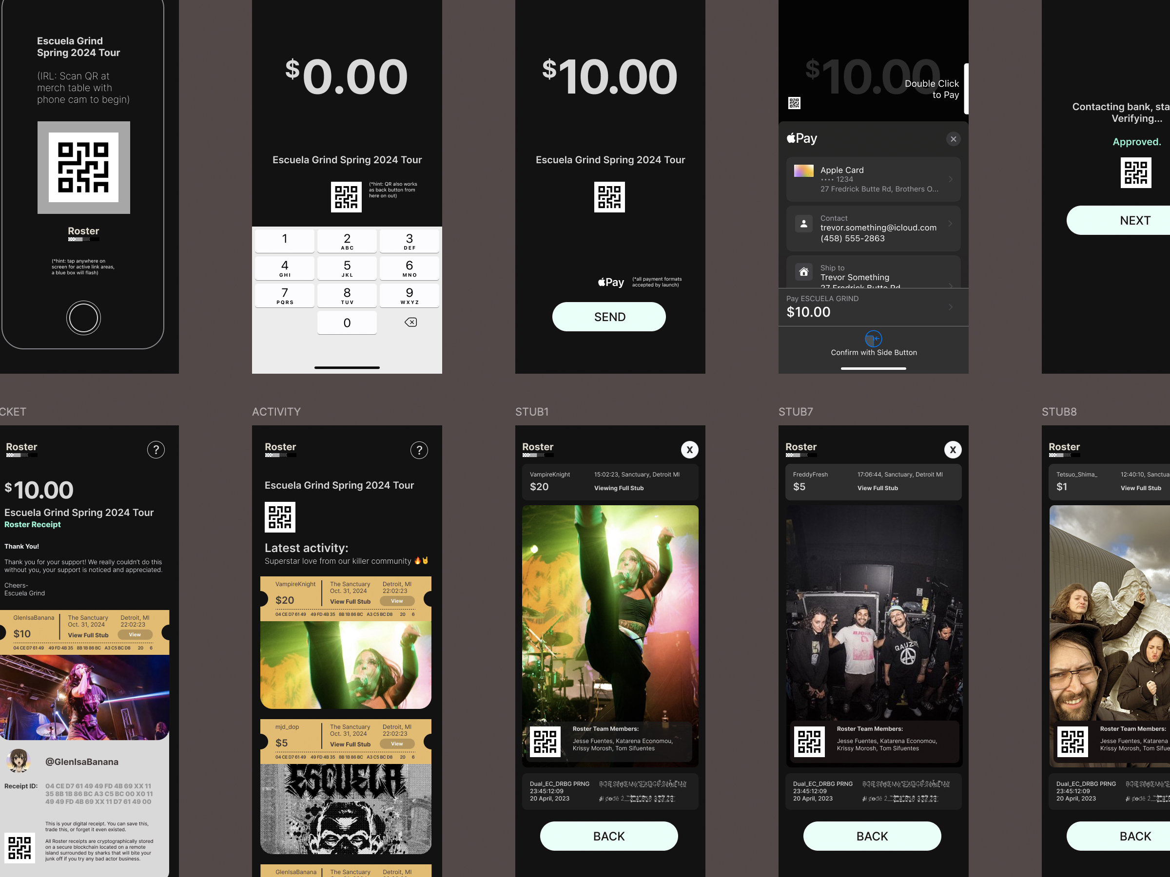 Roster payment, receipt, activity, and team interface design screens