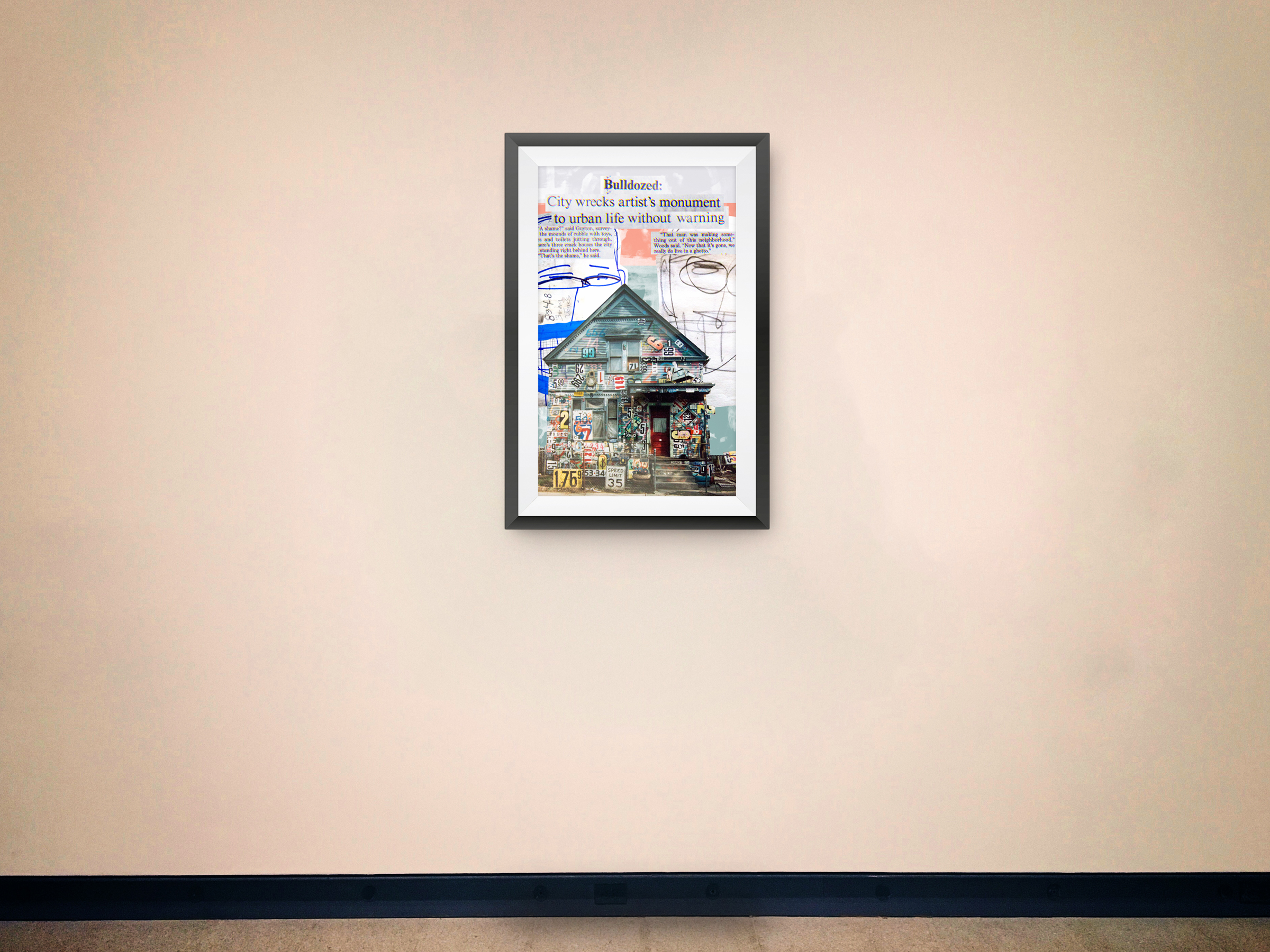 Framed Tyree Guyton artwork displayed on a warm gallery wall
