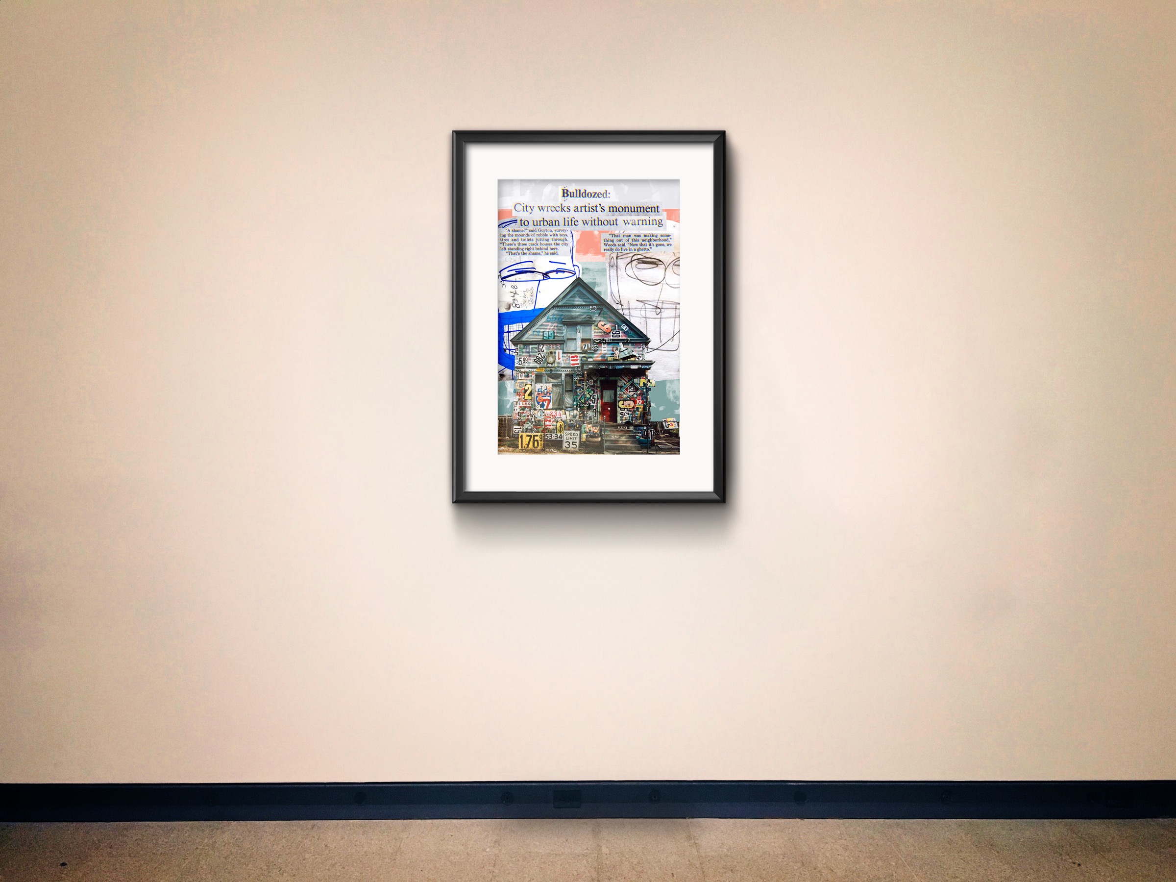 Framed Tyree Guyton artwork displayed on a gallery wall