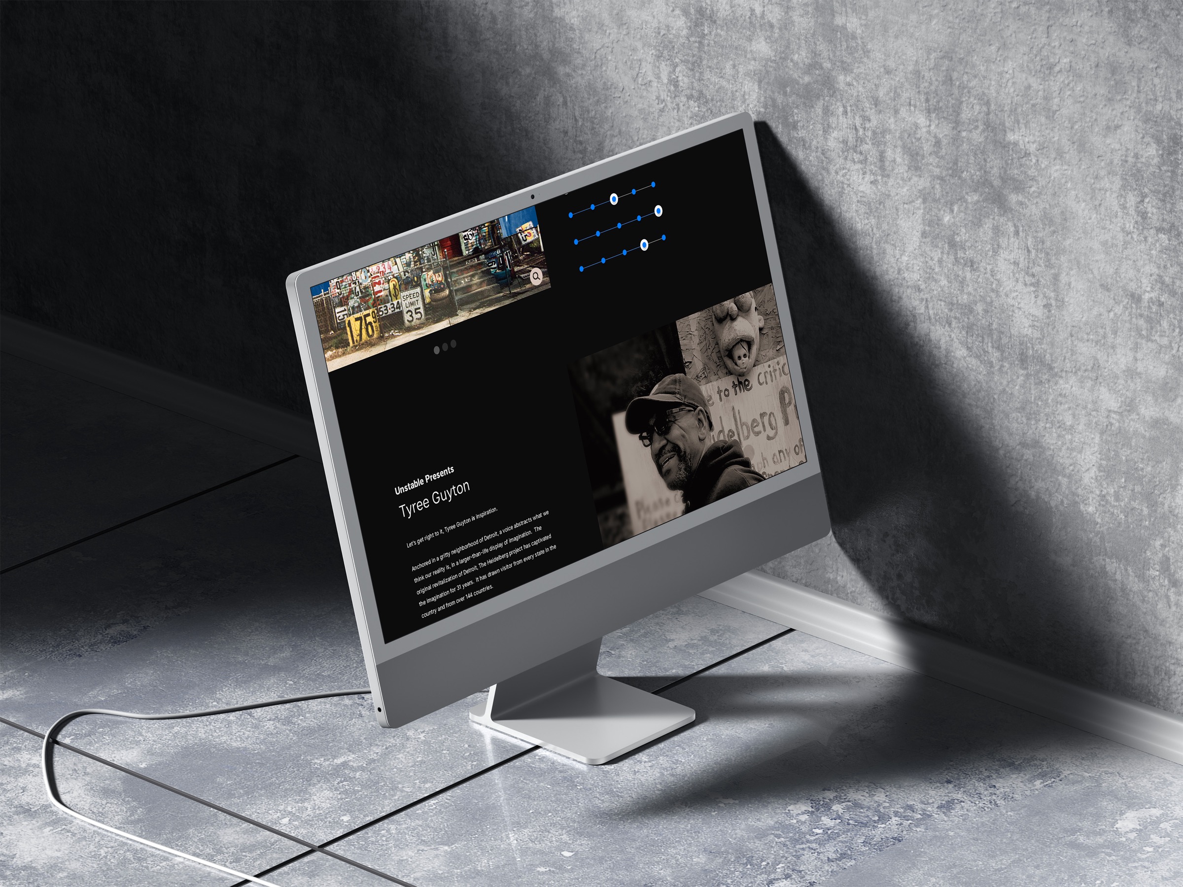Desktop monitor showing the Unstable platform and a Tyree Guyton artist feature