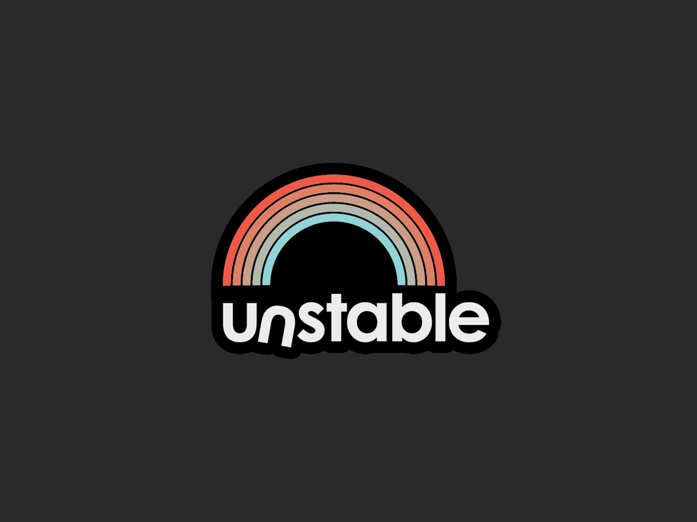 Unstable wordmark beneath a multicolor arch on a charcoal background