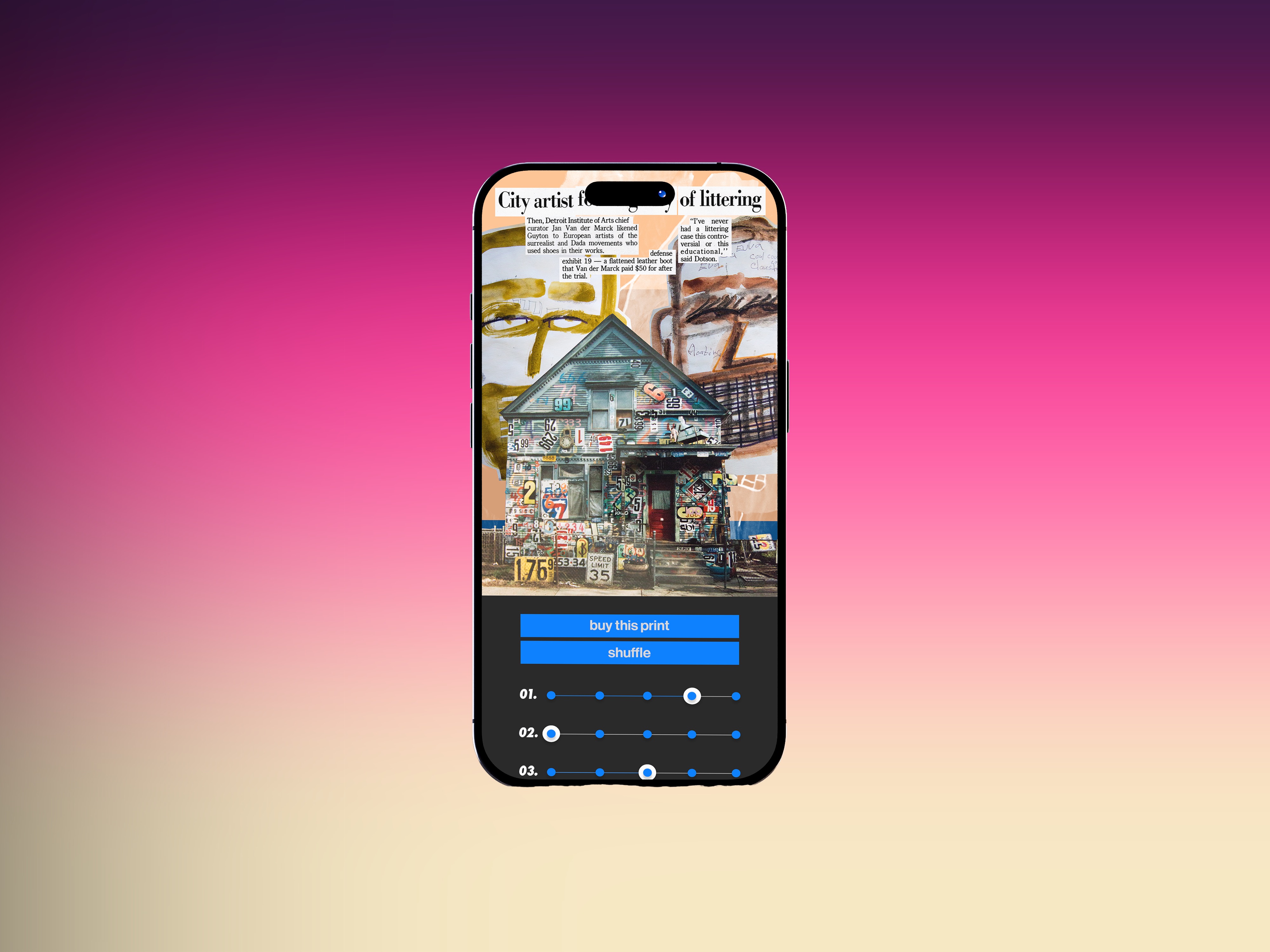 Unstable mobile art platform interface shown on a phone over a magenta gradient
