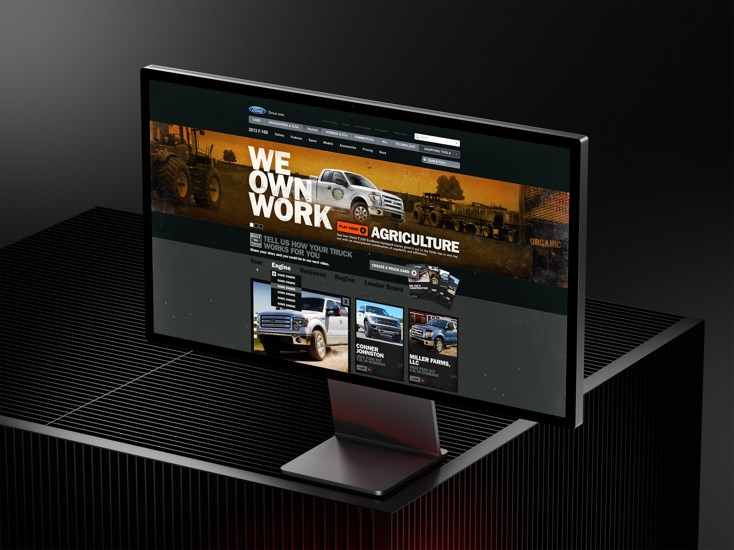 Desktop monitor displaying Ford's We Own Work truck campaign