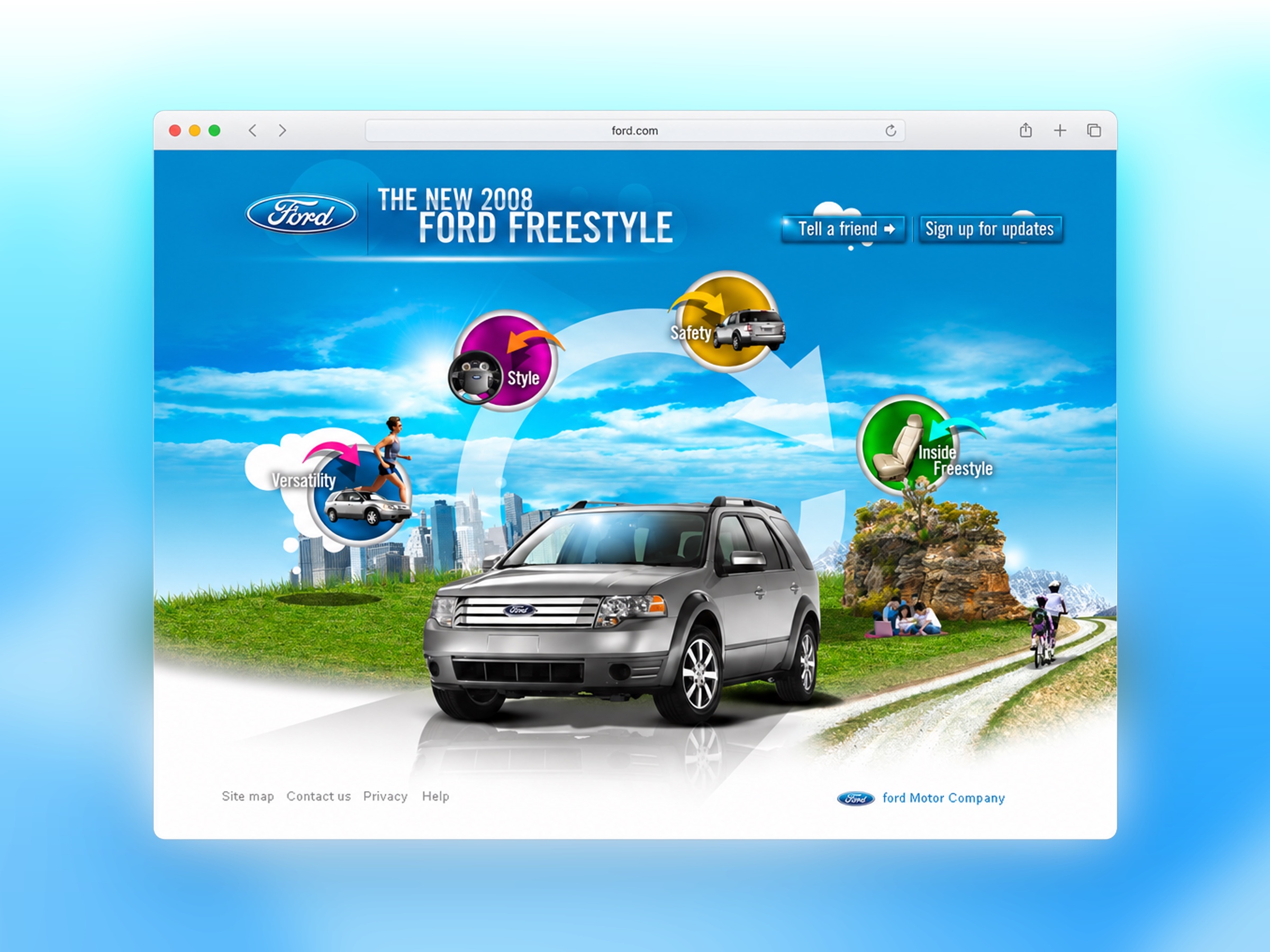 Interactive 2008 Ford Freestyle experience organized around versatility, style, safety, and interior features