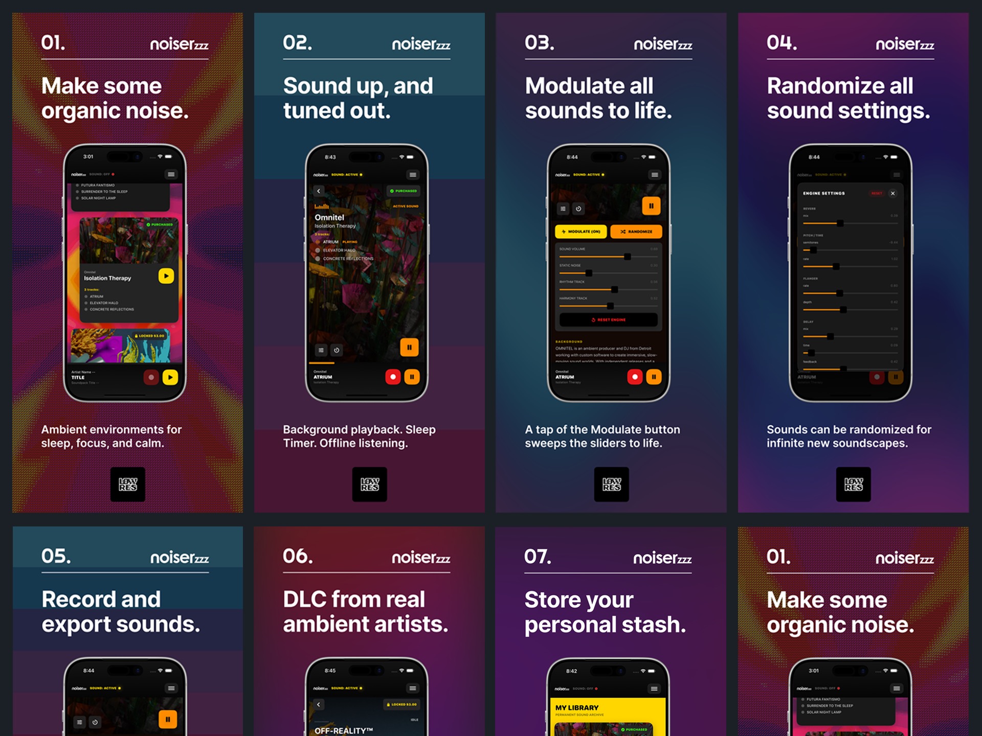 Low Res noiserzzz feature cards showing ambient sound app screens and interface messaging