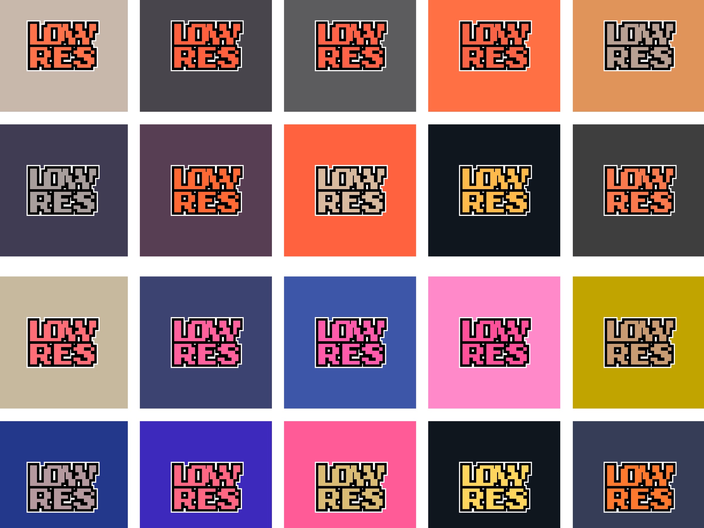 Low Res pixel logo color system arranged in a grid of alternate palettes