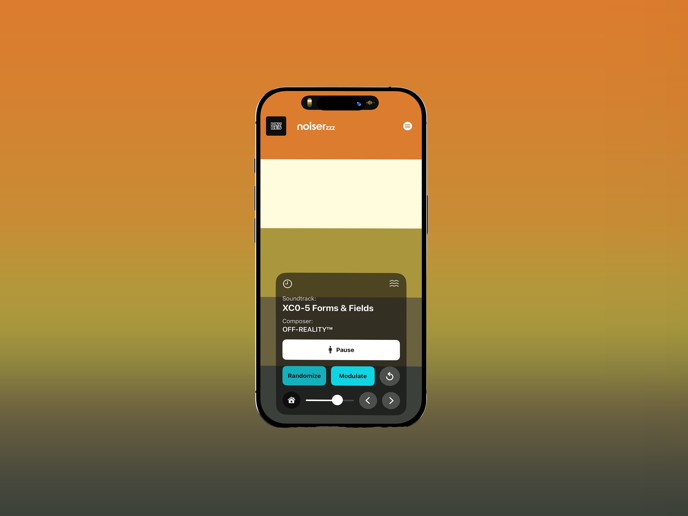 Phone displaying the Low Res noiserzzz interface on an orange and olive gradient background