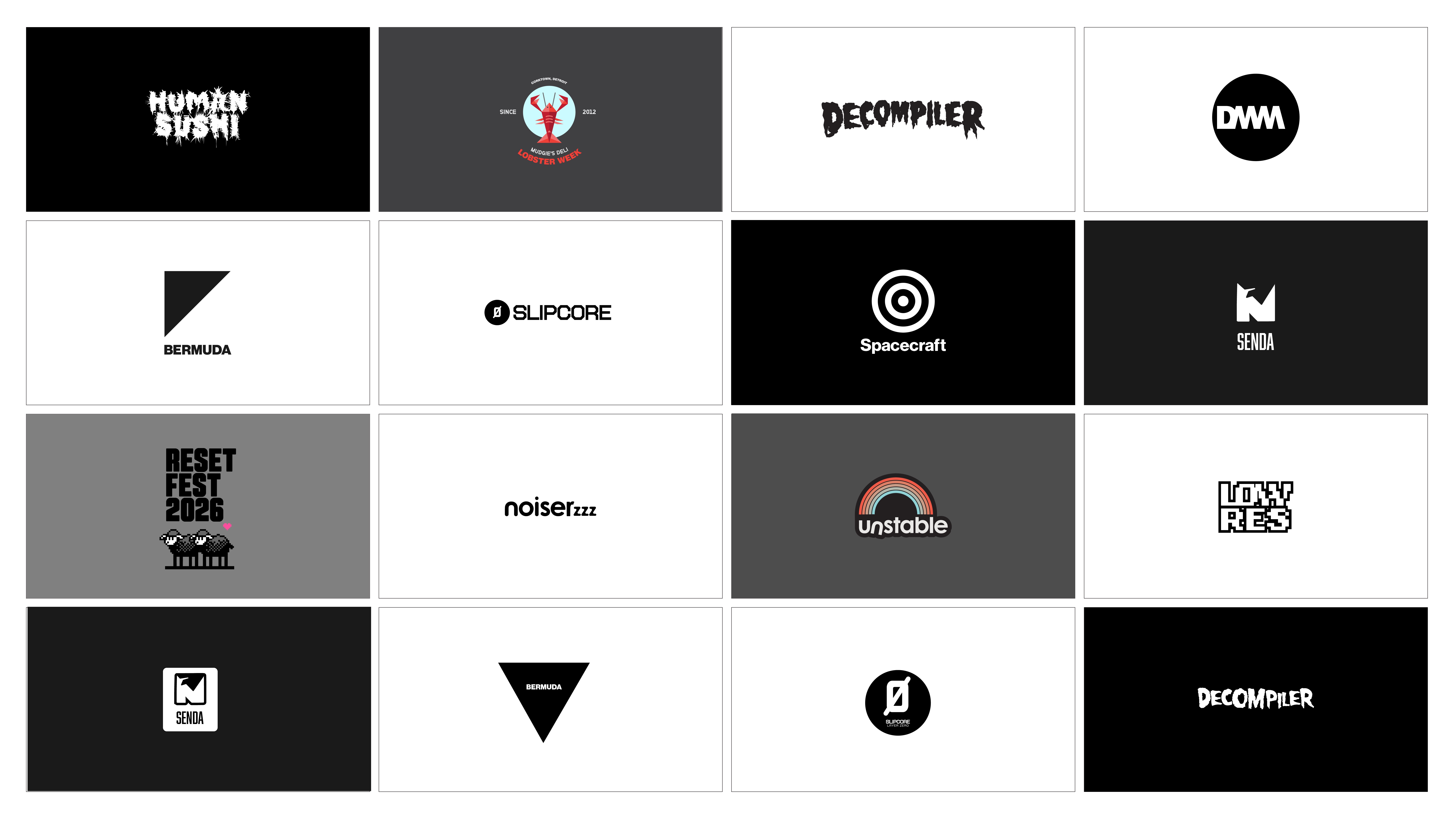 Grid of assorted J. Ivey Logoworks marks and commissioned logo designs