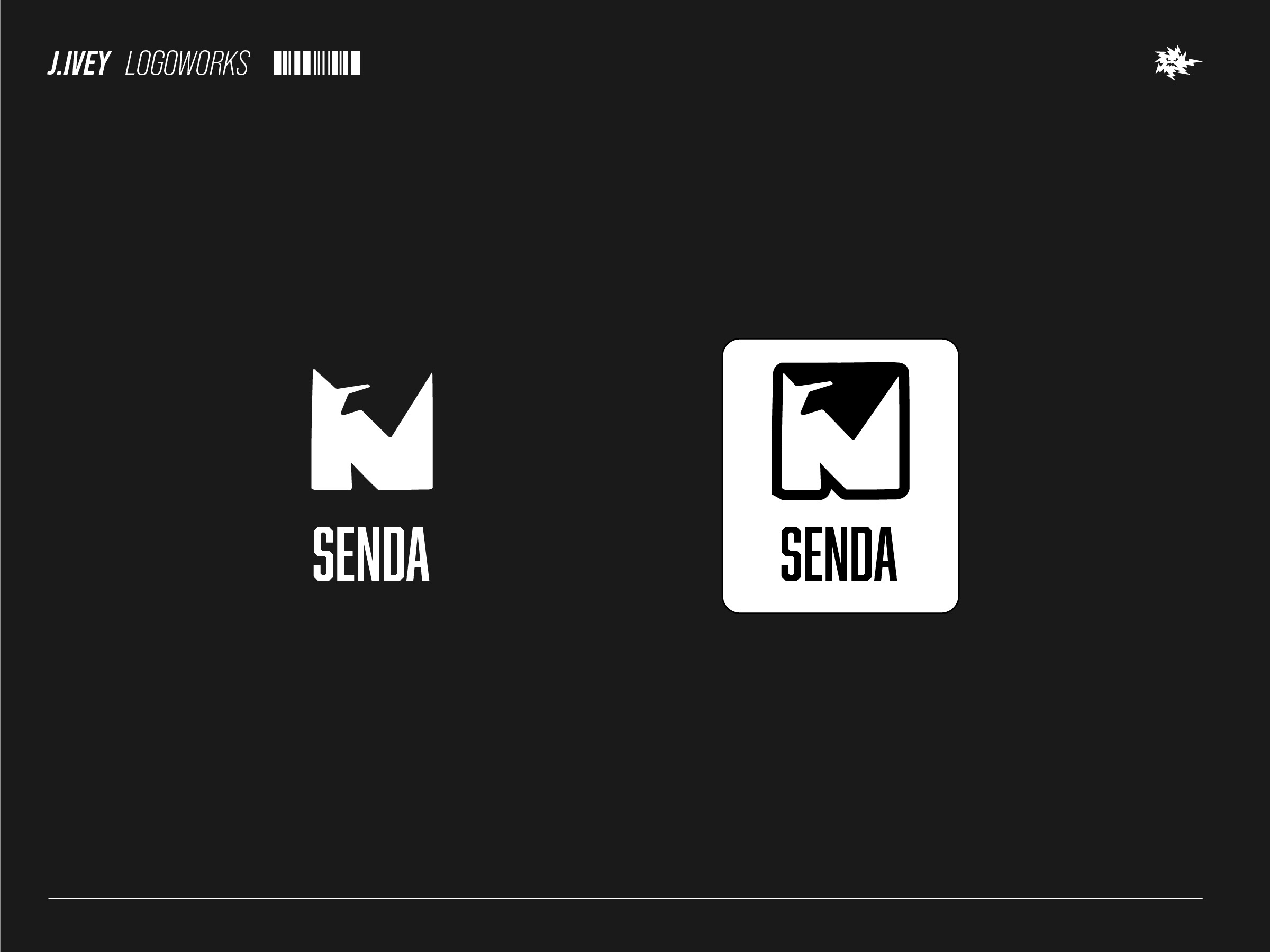 Senda logo exploration sheet with black and white symbol treatments