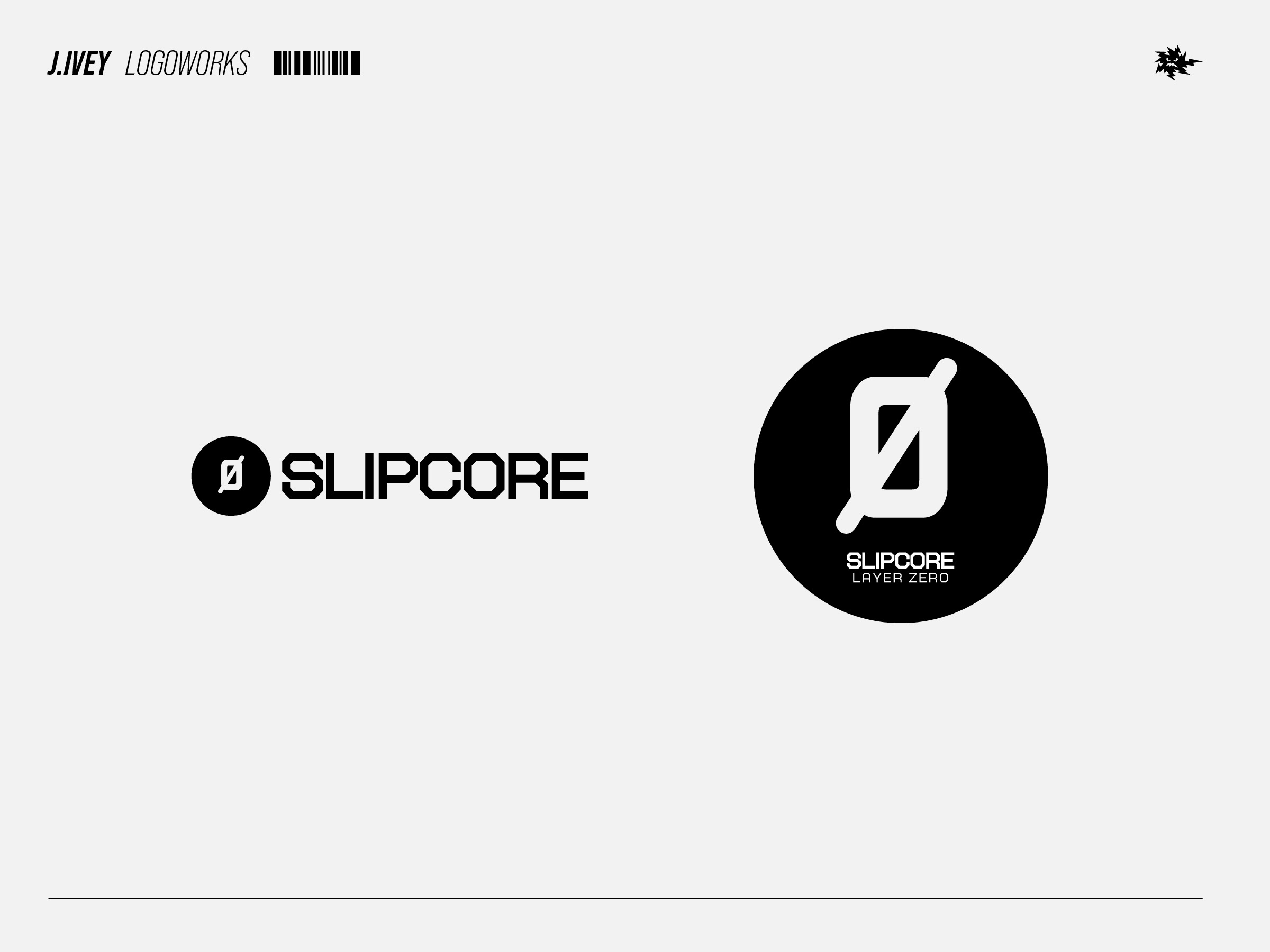Slipcore logo exploration sheet with wordmark and circular icon system