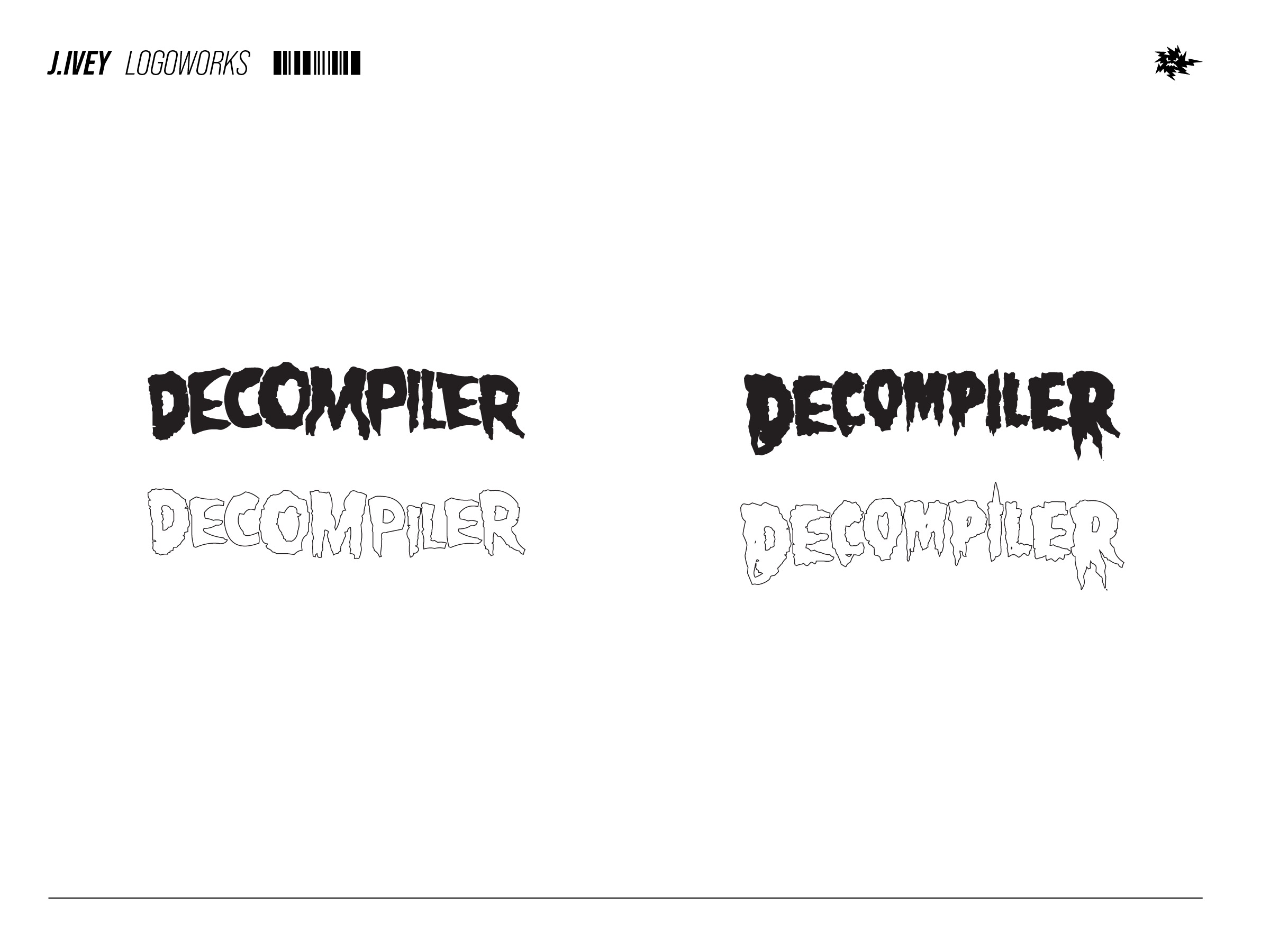 Decompiler logo exploration sheet with rough blackletter wordmark studies